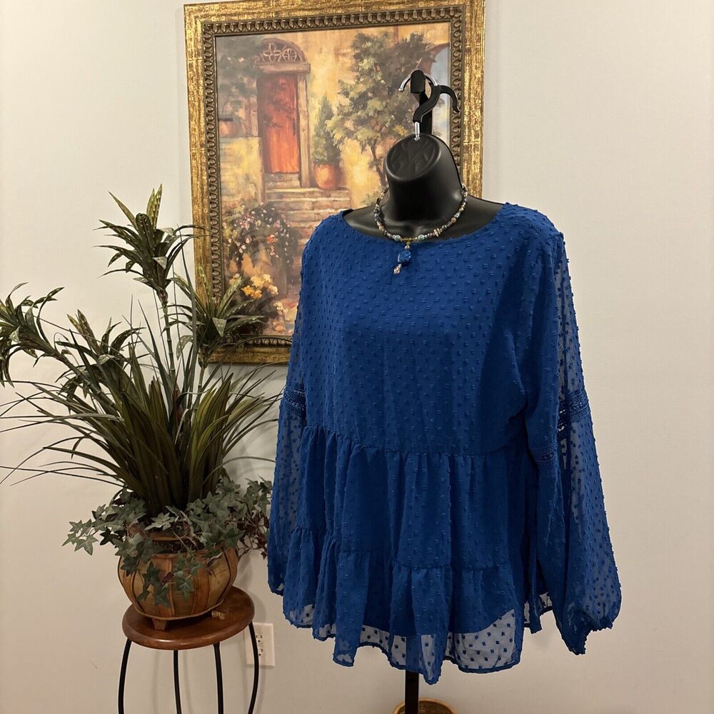 Kojooin Babydoll Top Womens Large Blue Pullover Balloon Sleeve Flowy Boho Hippie